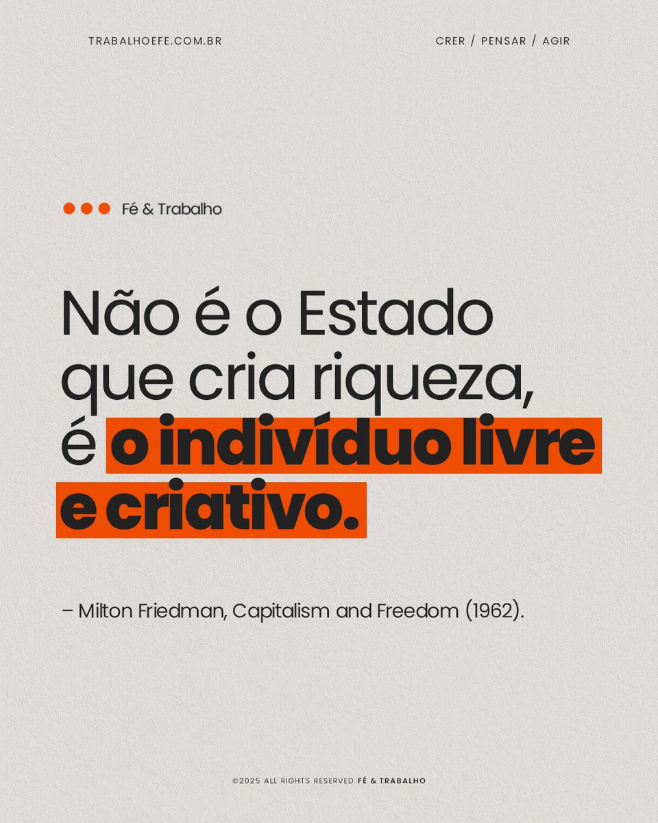 FeTrabalho1's tweet image. Friedman (1912–2006), Nobel de Economia, defendeu que prosperidade nasce da liberdade individual e da livre iniciativa, nunca do controle governamental.

–

#frasedodia #liberdade #riqueza #iniciativa