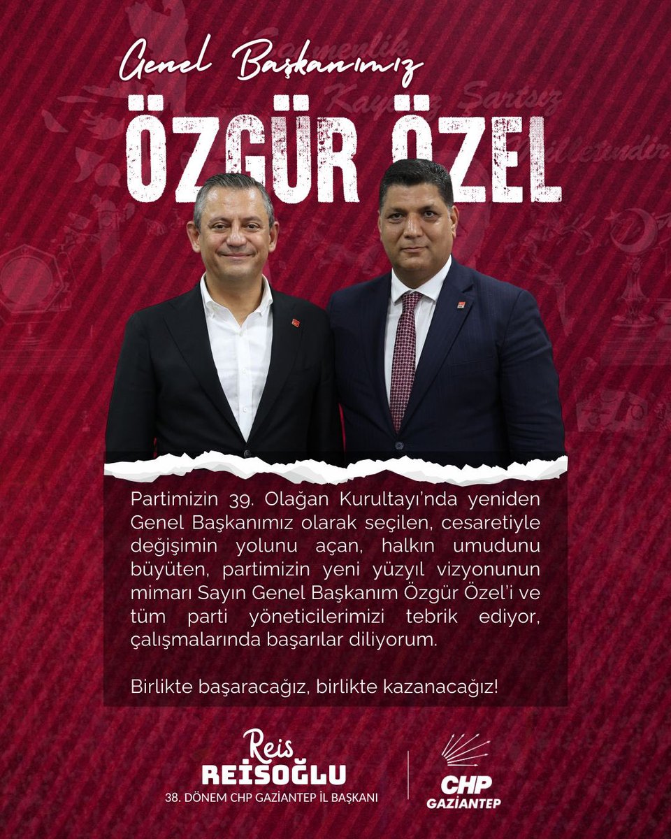 Partimizin 39. Olağan Kurultayı’nda yeniden Genel Başkanımız olarak seçilen, cesaretiyle değişimin yolunu açan, halkın umudunu büyüten, partimizin yeni yüzyıl vizyonunun mimarı Sayın Genel Başkanım Özgür Özel’i ve tüm parti yöneticilerimizi tebrik ediyor, çalışmalarında başarılar