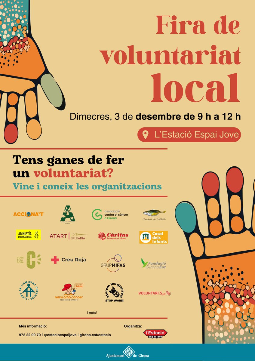 🙌L’Estació Espai Jove acollirà aquest dimecres la tercera edició de la Fira de Voluntariat Local

🕙L’activitat, que tindrà lloc de les 9 a les 12 h, vol donar a conèixer els projectes que hi ha a la ciutat i a les comarques gironines en l’àmbit social, educatiu, ambiental,