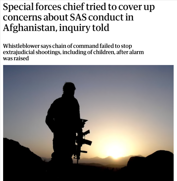 Jonathan_K_Cook's tweet image. Whistleblower reveals that SAS units in Afghanistan:

* shot dead a sleeping couple in bed, badly injuring two toddlers with them;

* killed a group of women and children under a mosquito net;

* took existing prisoners along on raids so they could be executed as though they…