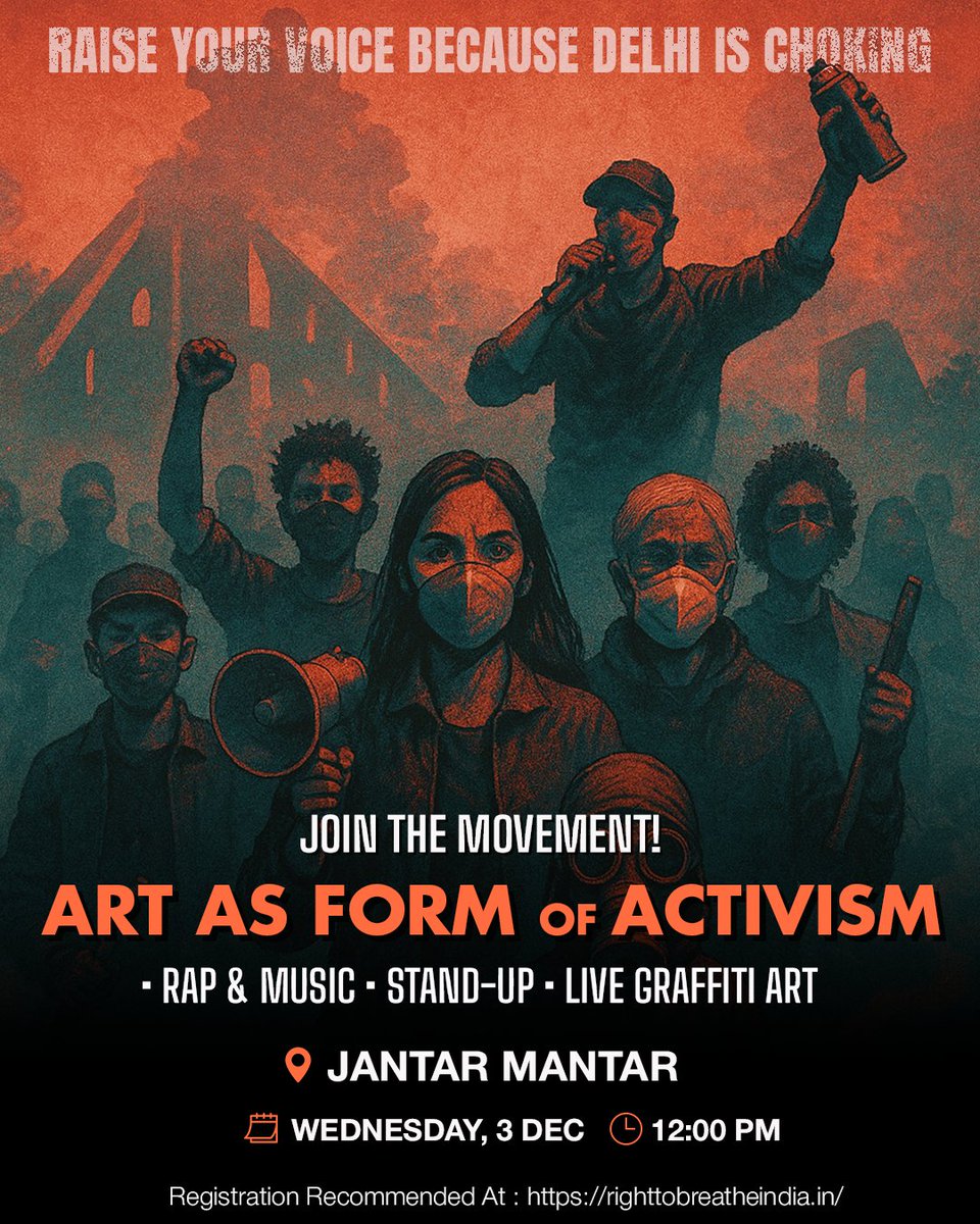 nsui's tweet photo. Citizens are rising as Delhi is choking.

NSUI will join the protest demanding #RightToBreathe.

We also call on students and youth to use Art as Activism — Rap, Music, Stand-up, Graffiti and more.

📍 Jantar Mantar | 🗓️ 3 Dec | ⏰ 12 PM

Register here: https://t.co/hpIujYwES0 https://t.co/uUoAQ4dsSK