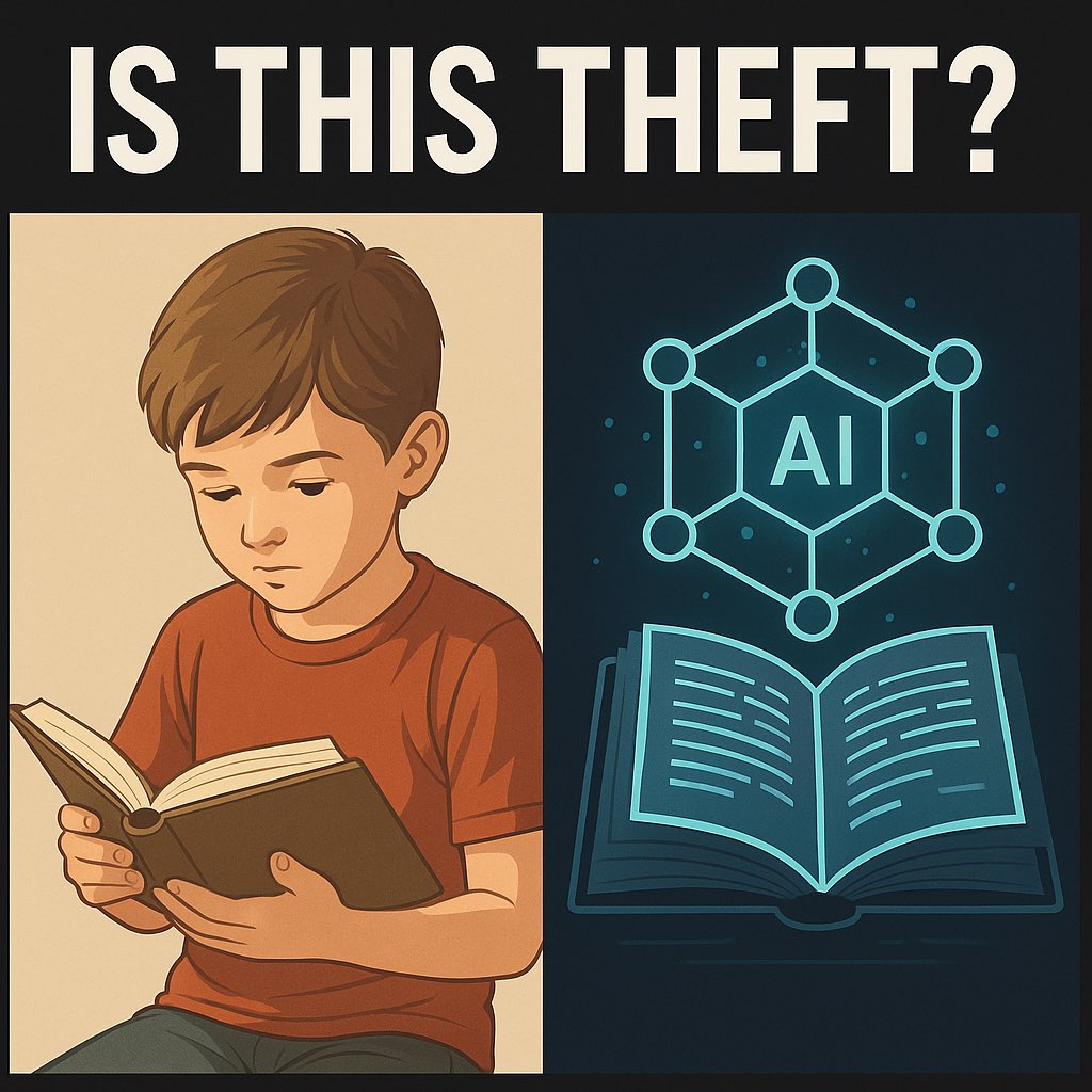 VraserX's tweet image. People keep saying “AI training on books is theft,” but that only works if you fundamentally misunderstand what training actually is.

Here’s the simplest, most human analogy.

When a child learns to read, they absorb patterns from thousands of sentences. They learn grammar,…