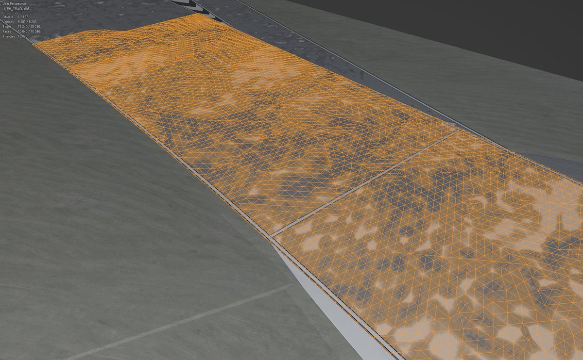 VehiclePhysics's tweet photo. Now this is good mesh density for a racing track 3D model.
~10,000 triangles for a single 60 m patch. The full circuit comes in at nearly 1 million (~960,000) triangles, split into around 96 individual meshes for optimal physics processing.
#VPPDev #Physics #GamePhysics #Simulator #Simracing #Motorsport #IndieDev #GameDev #Blender