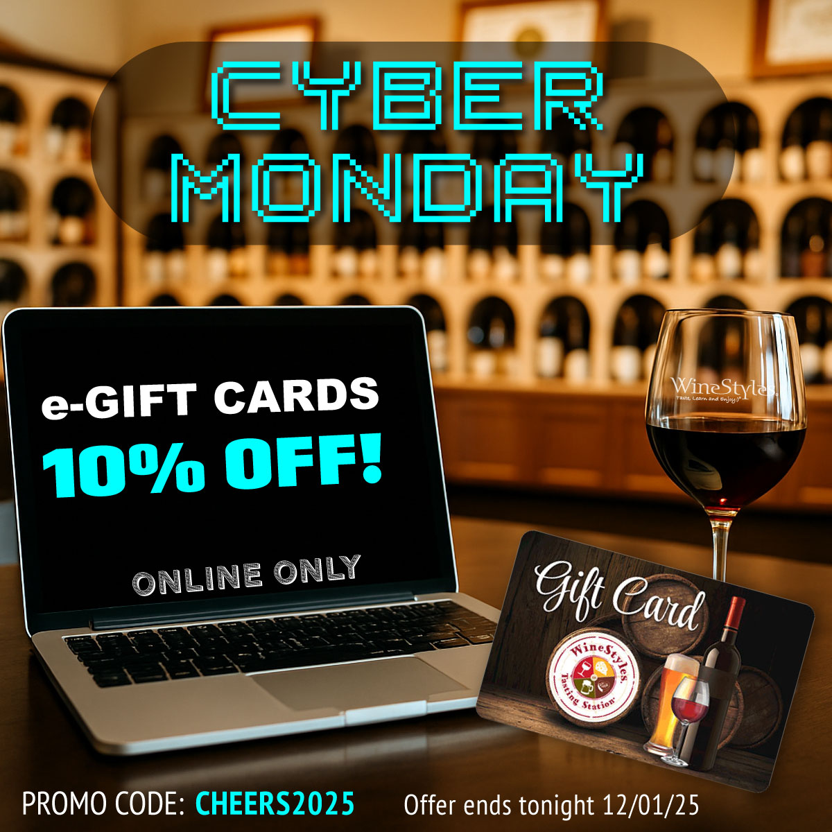 WineStylesGrm's tweet photo. 🎁 SAVE 10% on WineStyles e-Gift Cards online only! Redeem e-Gift Cards at any WineStyles location for wine, events, menu items and more! Use promo code CHEERS2025 at https://t.co/r5nNwCohz5

#CyberMonday2025 #CyberMonday #WineDeals #WineStyles #GiftCards #GiftCardDeals https://t.co/eUn38VpjGb