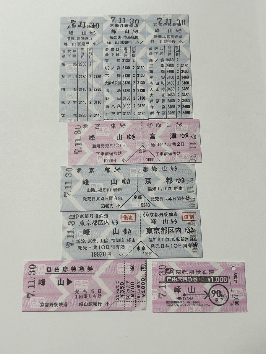 京都丹後鉄道峰山駅で購入できた入場券、硬券乗車券。(恐らく硬券は全