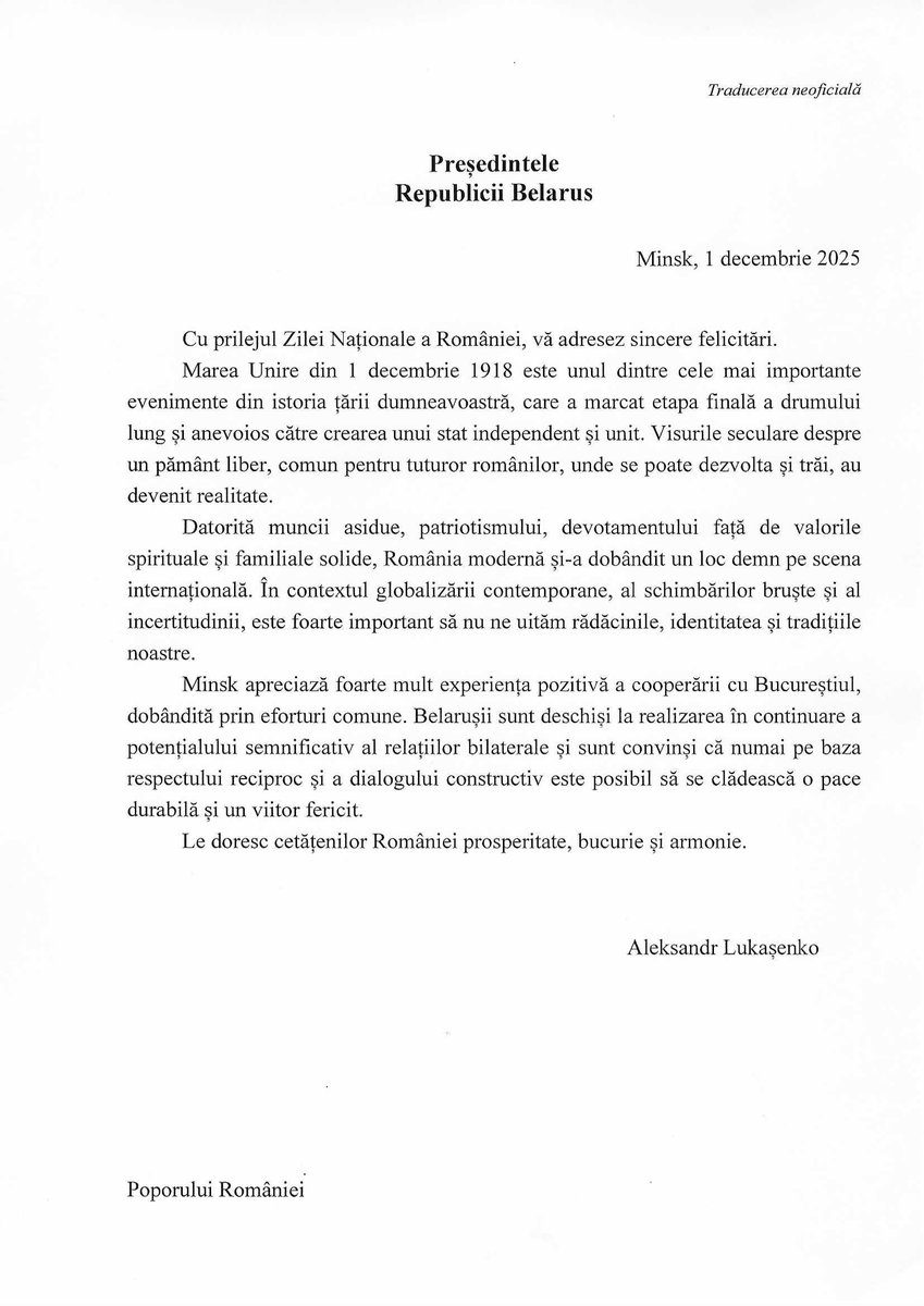 BelarusEmbRo's tweet photo. Președintele Republicii Belarus s-a adresat către Poporul Român cu ocazia Zilei Naționale a României (1 decembrie). https://t.co/4JB6Jc8Bjz