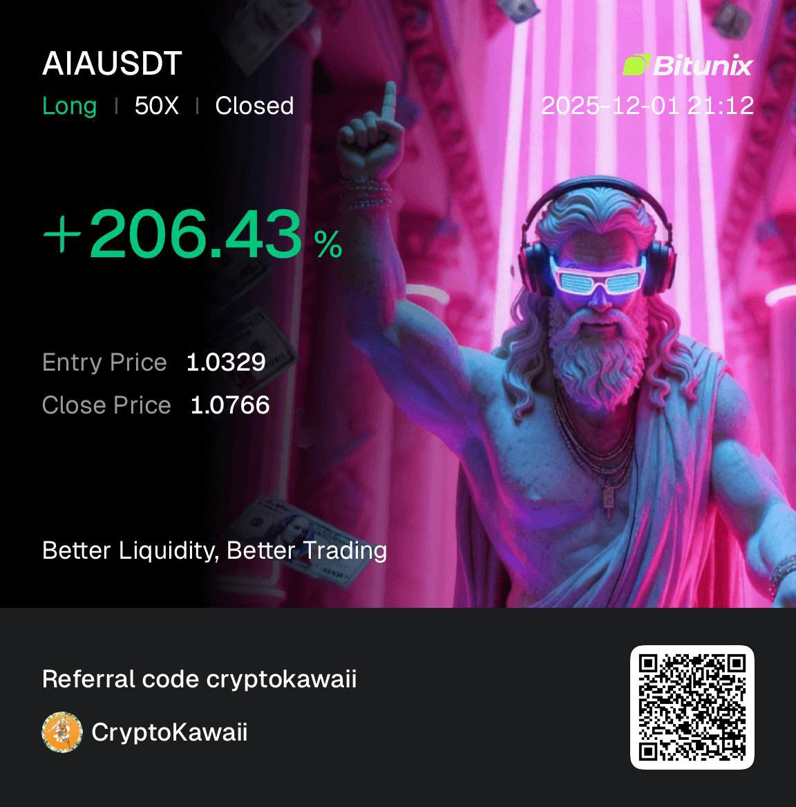 gracemeila's tweet photo. 💫 AIAUSDT Long 50x Laser Entry, Clean Exit.
+206.43% locked in! ⚡️

Dari 1.0329 → 1.0766,
market ngasih momentum kita eksekusi tanpa ragu.

Kadang chart gelap, tapi profitnya tetap neon ✨
Referral: cryptokawaii https://t.co/76Mo8wFXFe