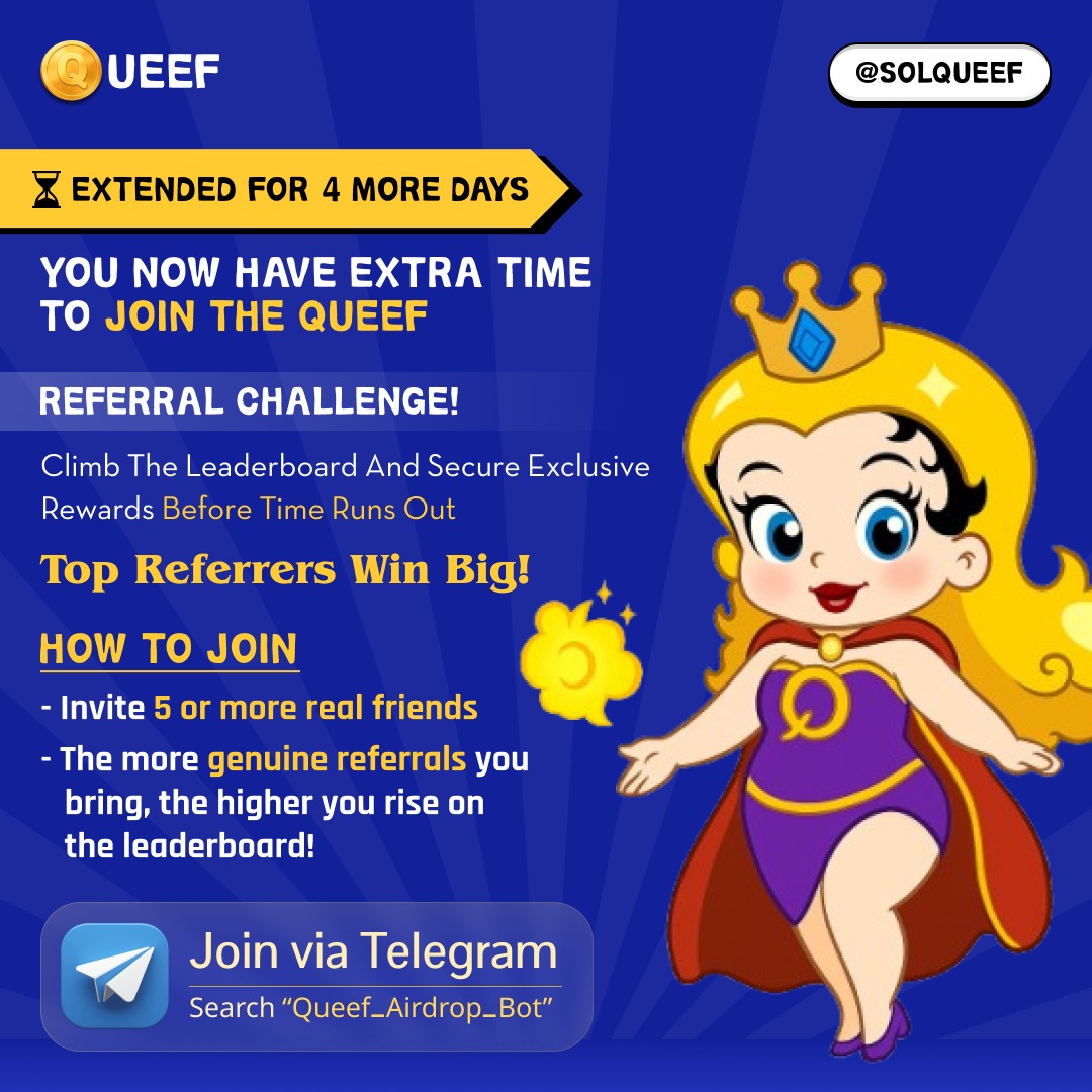 ⏰ EXTENDED: NOW 4 DAYS LEFT!

🚨 The Queef Referral Challenge has been extended — the race continues!

You’ve got more time to climb the leaderboard, stack points, and secure those exclusive rewards.

👉 Start Referring: t.me/queef_airdrop_…

🏆 Top Referrers Win BIG

Invite