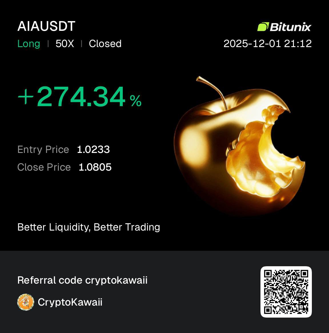 gracemeila's tweet photo. AIAUSDT long 50x closed at +274.34%.
Simple setup → clean entry → golden reward.

Kadang 1 entry bagus lebih berharga dari 10 entry nekat.
Precision always wins.

Referral code: cryptokawaii https://t.co/tIhGtk0Z0E