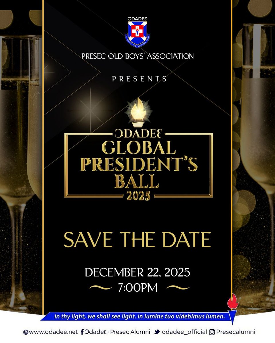 SAVE THE DATE — Ɔdadeɛ Global President’s Ball 2025

An evening of prestige, excellence, and brotherhood awaits. Join the Ɔdadeɛ fraternity on Dec 22, 2025 at 7:00PM as we gather to celebrate legacy, leadership, and the unending Blue Magic

In thy light, we shall see light. 💙🔥