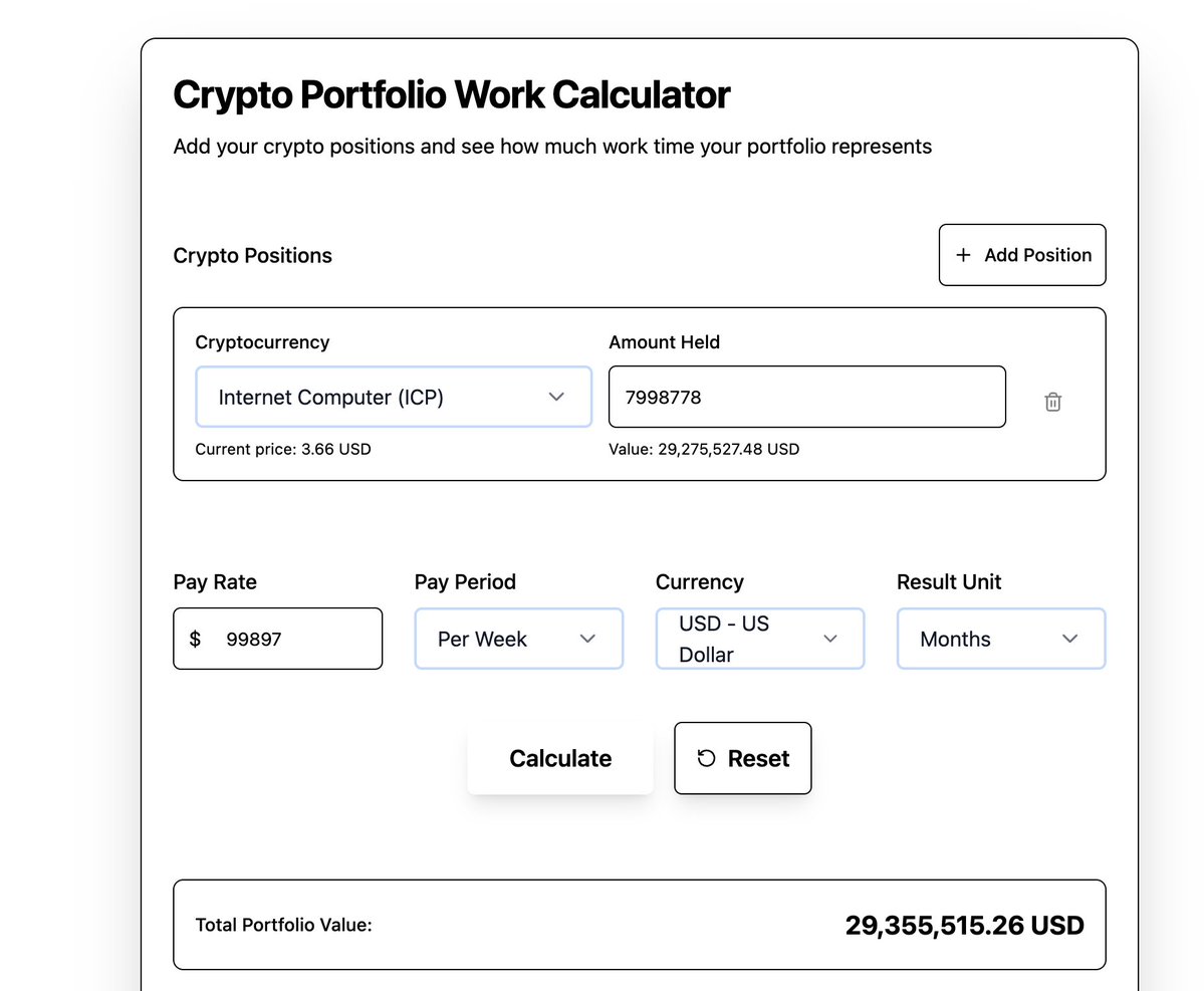 bonded2app's tweet image. We&apos;ve been having fun with @caffeineai in our spare time.  

Ever wonder how many hours of your work your crypto holdings are worth?   

Go see for yourself!       

 cryptowork-0xr.caffeine.xyz  

@dfinity #internetcomputer #selfwritinginternet @dominic_w