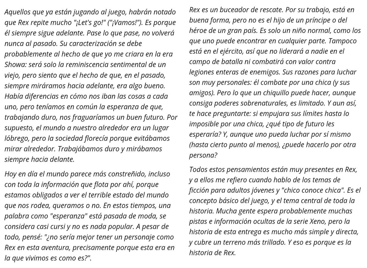 Xenoblade_Spain's tweet photo. Las palabras de Tetsuya Takahashi sobre la historia de Rex en Xenoblade Chronicles 2. #XenobladeChronicles2 https://t.co/fdWZtEojDa