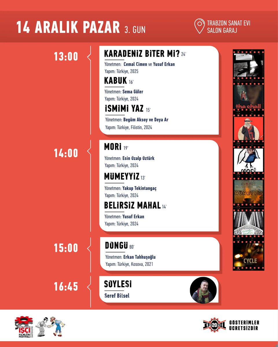 TrabzonHalkevi's tweet photo. 20. Uluslararası İşçi Filmleri Festivali Trabzon'da perdelerini açıyor! 🎬 

📣 12-13-14 Aralık'ta Trabzon Sanatevi'nde  film gösterimleri, müzik dinletisi ve söyleşilerle geçecek üç günlük dolu dolu programımıza herkes davetlidir. 📣 

@iscifilmfest https://t.co/mo3JJQl0np