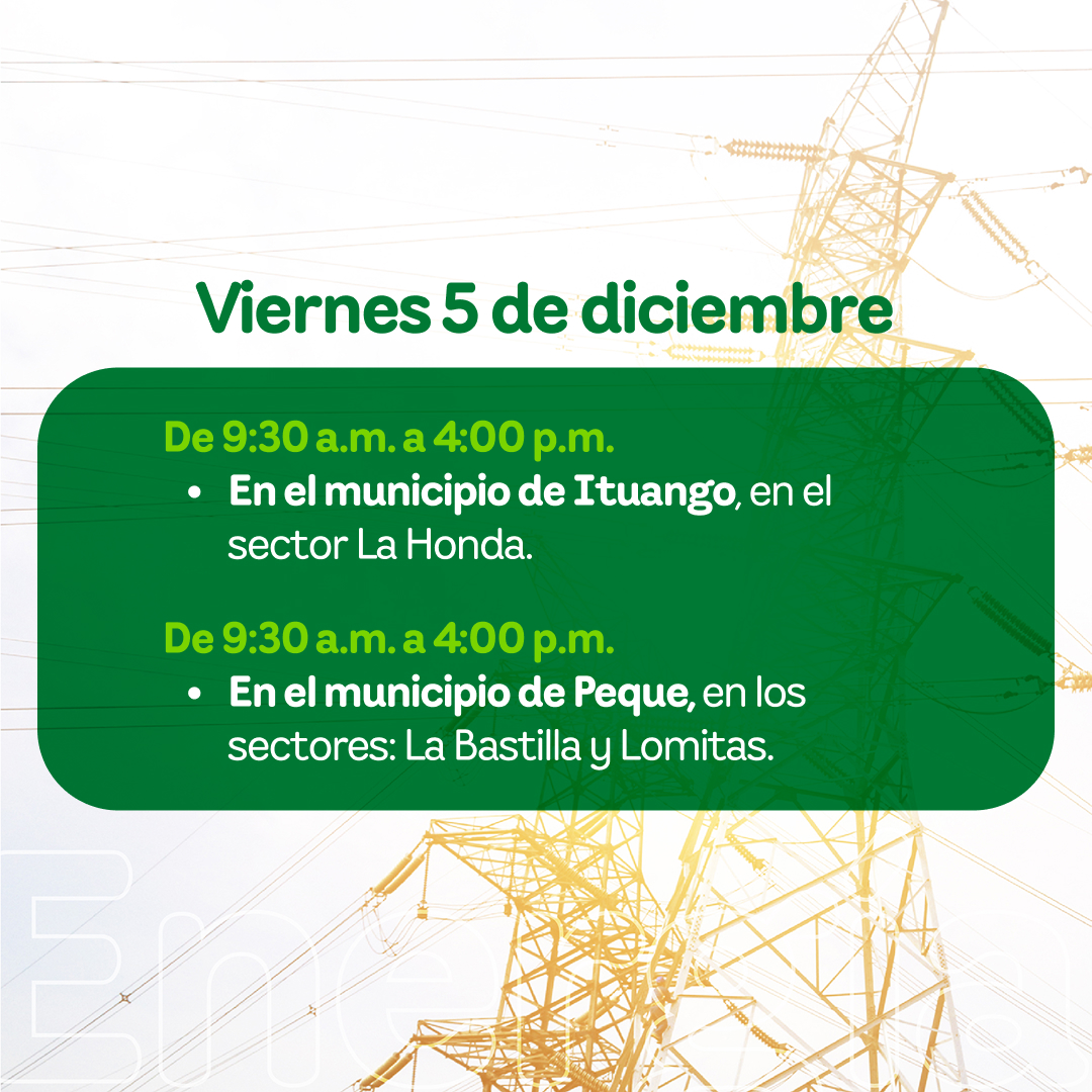 EPMestamosahi's tweet photo. ⚠️⚡️ Esta semana se realizarán #InterrupcionesProgramadas del servicio de #EnergíaEPM para realizar trabajos de mantenimiento en subestaciones y en las redes de subtransmisión, en las siguientes localidades antioqueñas, con el propósito de seguir prestando un servicio con calidad.
Conoce los sectores y horarios. 👇