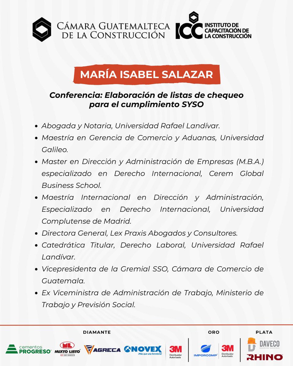 Nuestra socia María Isabel Salazar será ponente en el VI Congreso de SSO en Construcción. 

Claves legales y prácticas para el sector. 

Inscríbase bit.ly/3XtYnOi