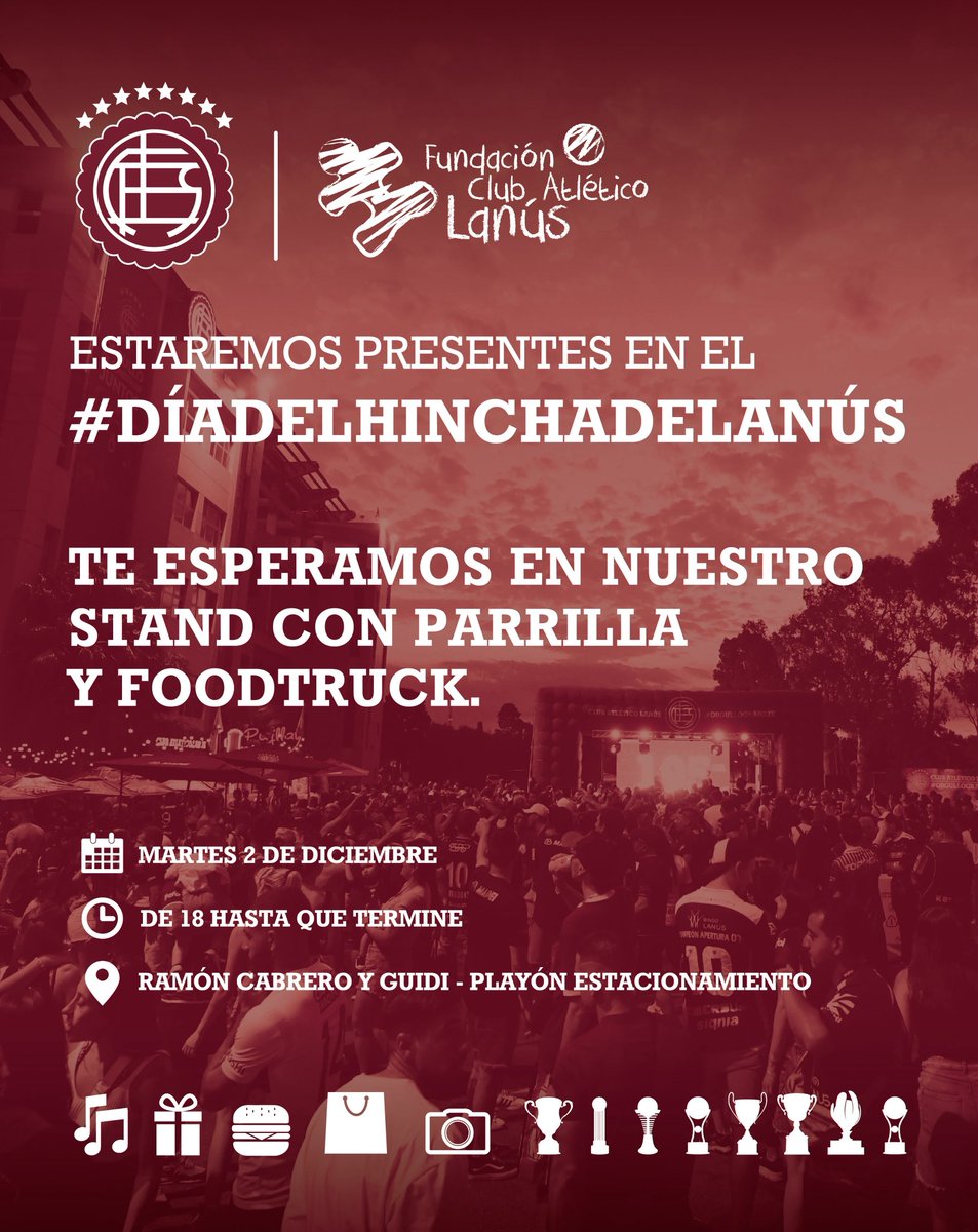 ¡Mañana celebramos el Día del Hincha, más campeón que nunca!

📅 2 de diciembre – desde las 18 hs
📍 Cabrero 2007

Te esperamos en nuestro stand de parrilla y foodtruck para vivir juntos una tarde bien granate.
¡Vení a festejar con la Fundación!