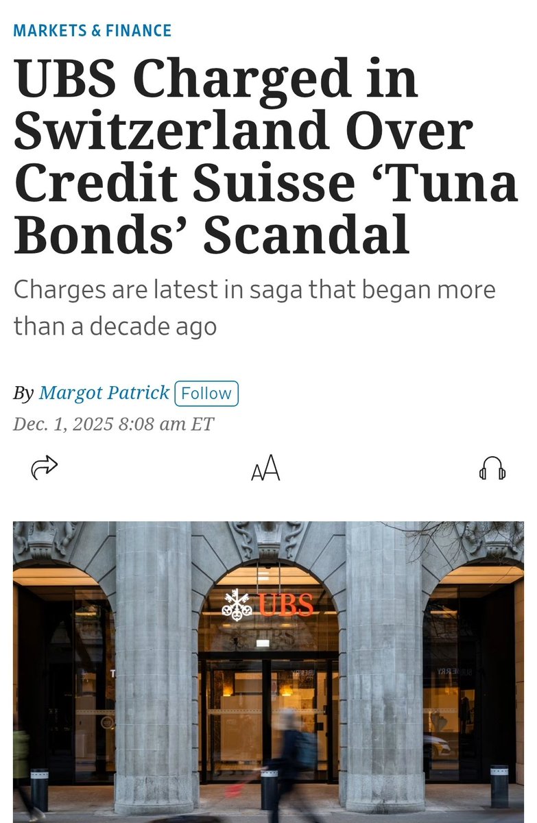TifaniesweTs's tweet image. UBS Charged in Switzerland Over Credit Suisse ‘Tuna Bonds’ Scandal
Charges are latest in saga that began more than a decade ago

wsj.com/finance/ubs-ch…