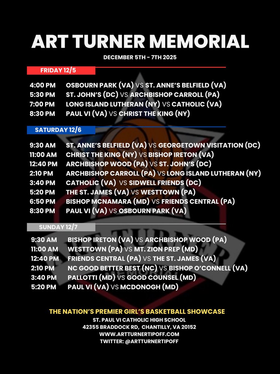 🚨IT’S ART TURNER GAME WEEK🚨

The 17th Annual Art Turner Memorial tips off Friday! Looking forward to another incredible slate of games!

Coaches, sign up below for your DREAM SEAT to sit court side during the event: leaguelineup.com/formpreview.as…