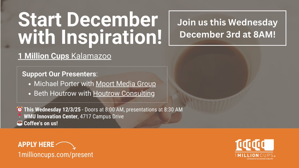 Kickoff Your December with Inspiration This Wednesday!

Our Presenters:
–Michael Porter with Mport Media Group
–Beth Houtrow with Houtrow Consulting

📷 This Wednesday: 12/3/25, coffee at 8AM, presentations at 8:30 AM
📷 WMU Innovation Center, 4717 Campus Drive
📷 Free coffee