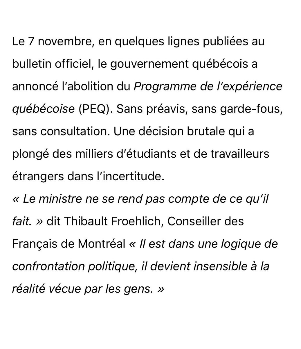 J’ai répondu aux questions de <a href="/LpjMontreal/">LPJ Montréal</a> concernant la suppression sans préavis par le Québec du principal programme d’accession à la résidence permanente

Lien ici : lepetitjournal.com/montreal/actua…