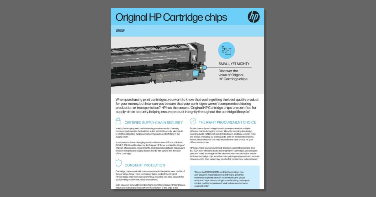 mygenesisONE's tweet image. Worried about compromised cartridges? 🔐 @HP&apos;s certified chip technology helps protect product integrity across the supply chain. Learn more by downloading this brief. stuf.in/bhlblx