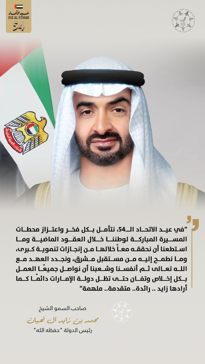 Forsan_UAE's tweet photo. "في #عيد_الاتحاد الـ54، نتأمل بكل فخر واعتزاز محطات المسيرة المباركة لوطننا خلال العقود الماضية وما استطعنا أن نحققه معاً خلالها من إنجازات تنموية كبرى، وما نطمح إليه من مستقبل مشرق، ونجدد العهد مع الله تعالى ثم أنفسنا وشعبنا أن نواصل جميعًا العمل بكل إخلاص وتفان حتى تظل دولة الإمارات دائمًا كما أرادها زايد .. رائدة.. متقدمة.. ملهمة"

- صاحب السمو الشيخ #محمد_بن_زايد آل نهيان، #رئيس_الدولة "حفظه الله"

#عيد_الاتحاد_54 #متحدين
#اليوم_الوطني_الـ54 🇦🇪✨
#اليوم_الوطني_الإماراتي