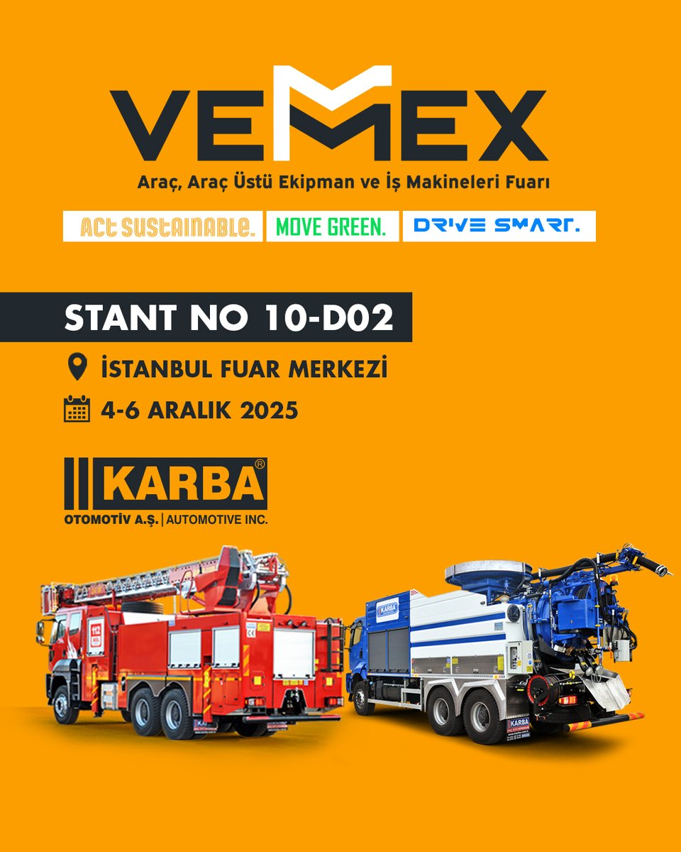 🚛 𝗞𝗔𝗥𝗕𝗔 𝗢𝘁𝗼𝗺𝗼𝘁𝗶𝘃 𝗩𝗘𝗠𝗘𝗫 𝟮𝟬𝟮𝟱’te!
KARBA Otomotiv olarak yenilikçi araç üstü ekipman çözümlerimizi, güçlü üretim kabiliyetimizi ve son teknoloji ürün gamımızı ziyaretçilerimizle buluşturacağız.

Sizleri standımıza davet ediyoruz.