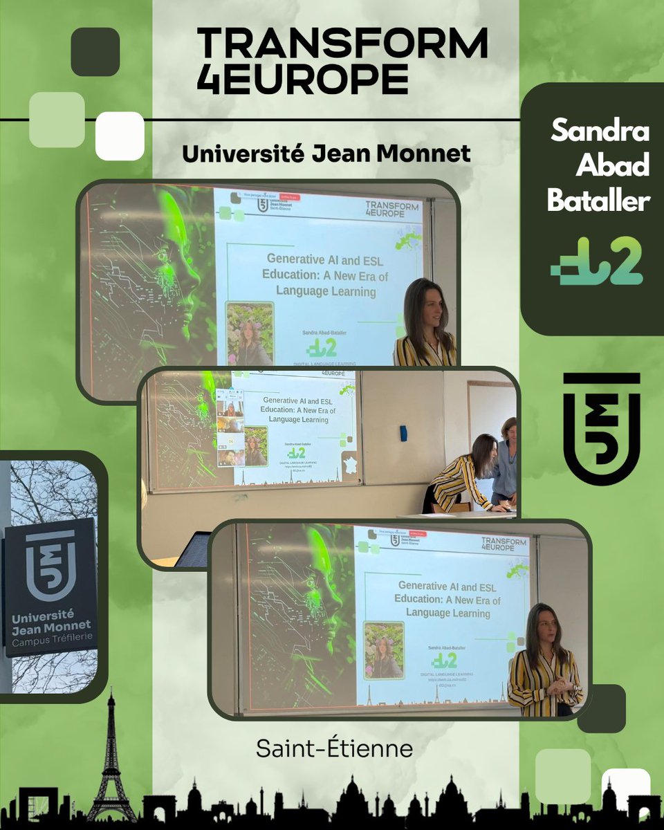 DL2_UA's tweet photo. DL2 researcher Sandra Abad Bataller presented her work on AI in the ESL classroom at Jean Monnet University in Saint-Étienne.
As part of #T4EU, she engaged with European scholars to discuss new directions in technology-enhanced language education.
#Transform4Europe #T4EU #DL2 https://t.co/DBulUE8lEJ