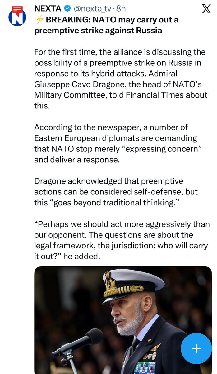 <a href="/nexta_tv/">NEXTA</a> No… no, no. Misleading. The use of “preemptive” is erroneous. It would be a “retaliatory” strike, and it’s long OVERDUE! The EU and NATO are weak. That only emboldens Russia. 

When in the phuck will they learn???