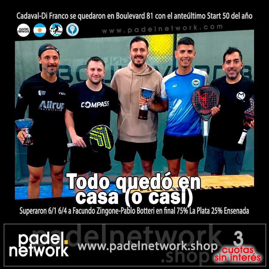 Todo quedó en casa (o casi) en el anteúltimo Start 50 del año. Boulevard 81 coronó a Demián Di Franco y Eduardo Cadaval tras el 6/1 6/4 a Pablo Botteri-Facundo Zingone, en una definición 75% platense y 25% Ensenada. En semis, Gonzalez-Camacho y Sala-Moyano
padelnetwork.com/ajpp/2025/novi…