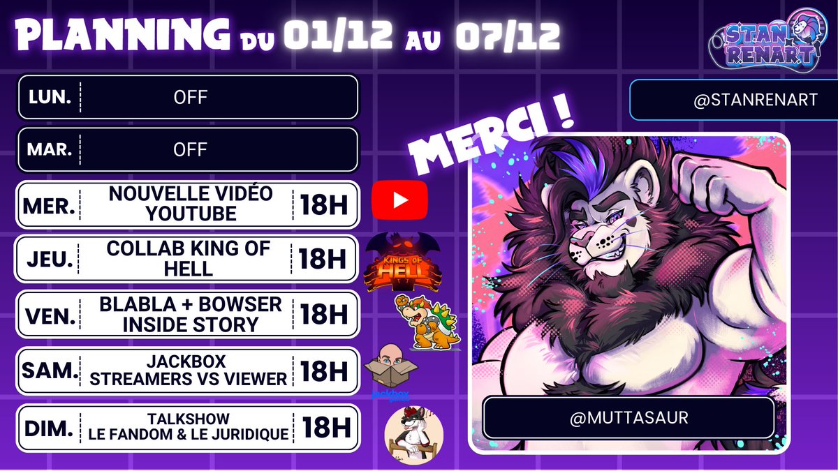 🌟PLANNING🌟

Je veux renouer avec les gens ! Donc plein de collab en vue hyper cool ! 

Nouvelle vidéo youtube ! ( celle que j'ai prep 1 an avec 1k € budget ) 

Jackbox contre les viewers ! 

Début de mon talkshow discussion avec <a href="/HowdyTheWolf/">Howdy 🐺</a> sur son parcours d'avocat + fandom