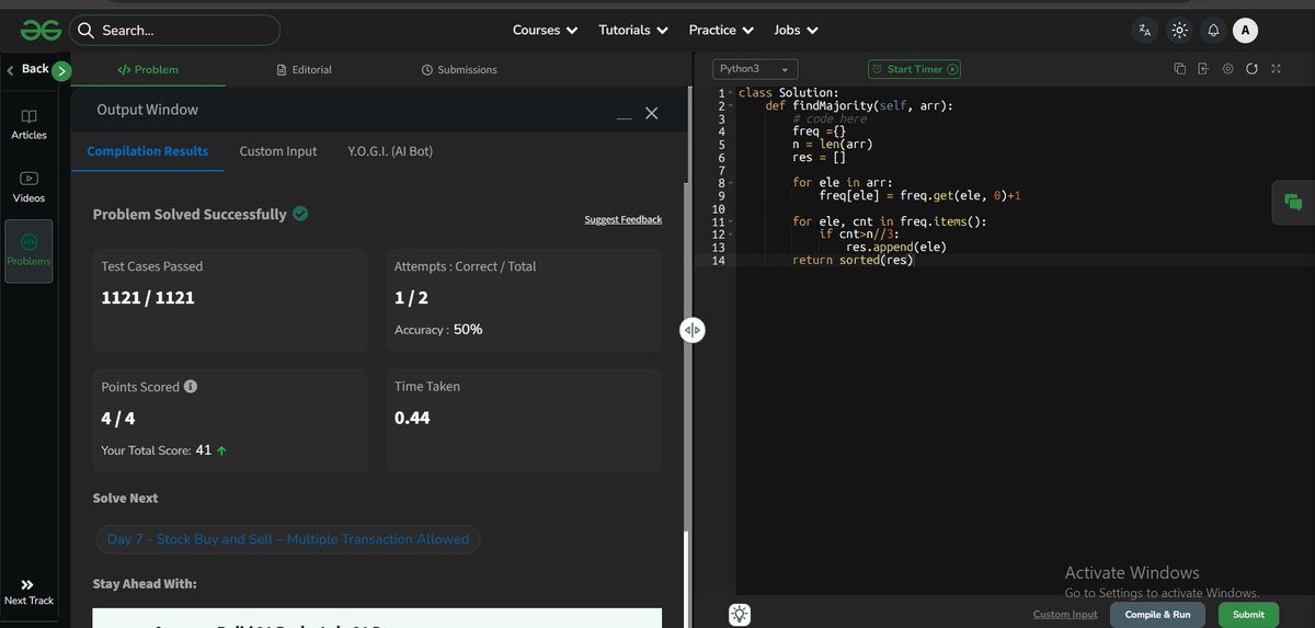 AkashYadav58819's tweet image. Day 6: Majority Element II - Elements occurring more than ⌊n/3⌋ times

Approach: Count frequency of all elements using a map, then return elements with frequency greater than n//3.
#DSAWithKunal #GFG #array