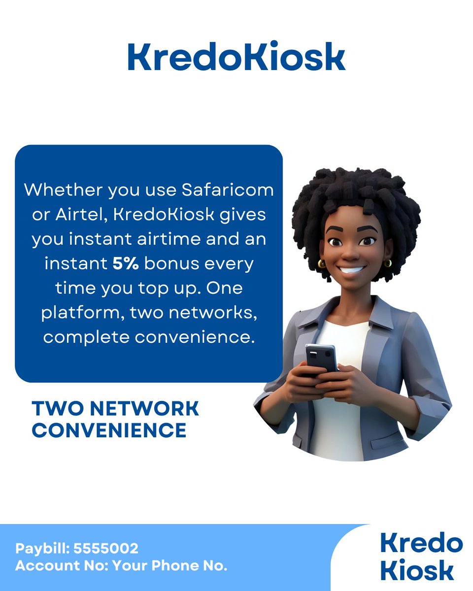 KredoKiosk's tweet image. Whether you use Safaricom or Airtel, KredoKiosk gives you instant airtime and an instant 5% bonus every time you top up. One platform, two networks, complete convenience.
Paybill: 5555002

Top up now #ServiceSpotlight #AirtimeMadeEasy