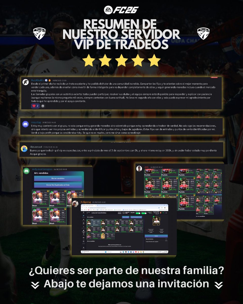 ¿Quieres entrar en el GRUPO VIP de tradeos totalmente GRATIS? 👀

¡Pues aquí tienes tu prueba gratuita! 🎁✨

📋 Requisitos para acceder:

🔹 Estar en el Discord del grupo (link en comentarios)

🔹 Dar RT y seguirme aquí en Twitter 🐦❤️

Nos vemos dentro! 💰