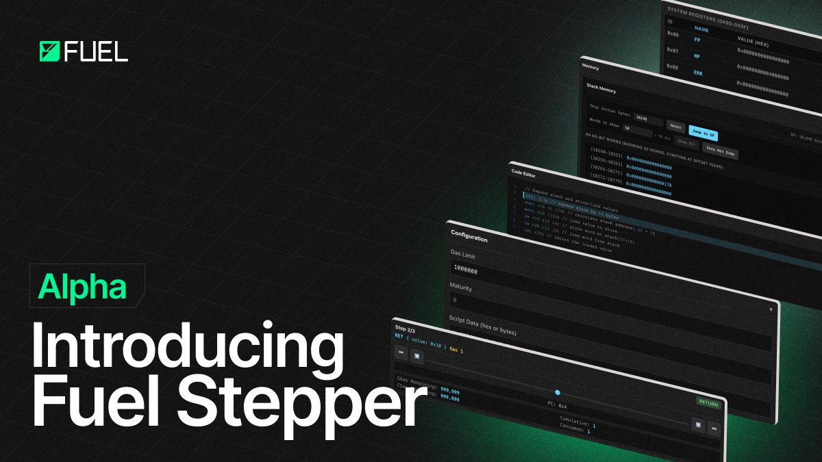 fuel_network's tweet image. 1/5 Building on Fuel?

Time to try out the new FuelVM Stepper (alpha) and trace execution instruction-by-instruction with full insight into registers, memory and gas.