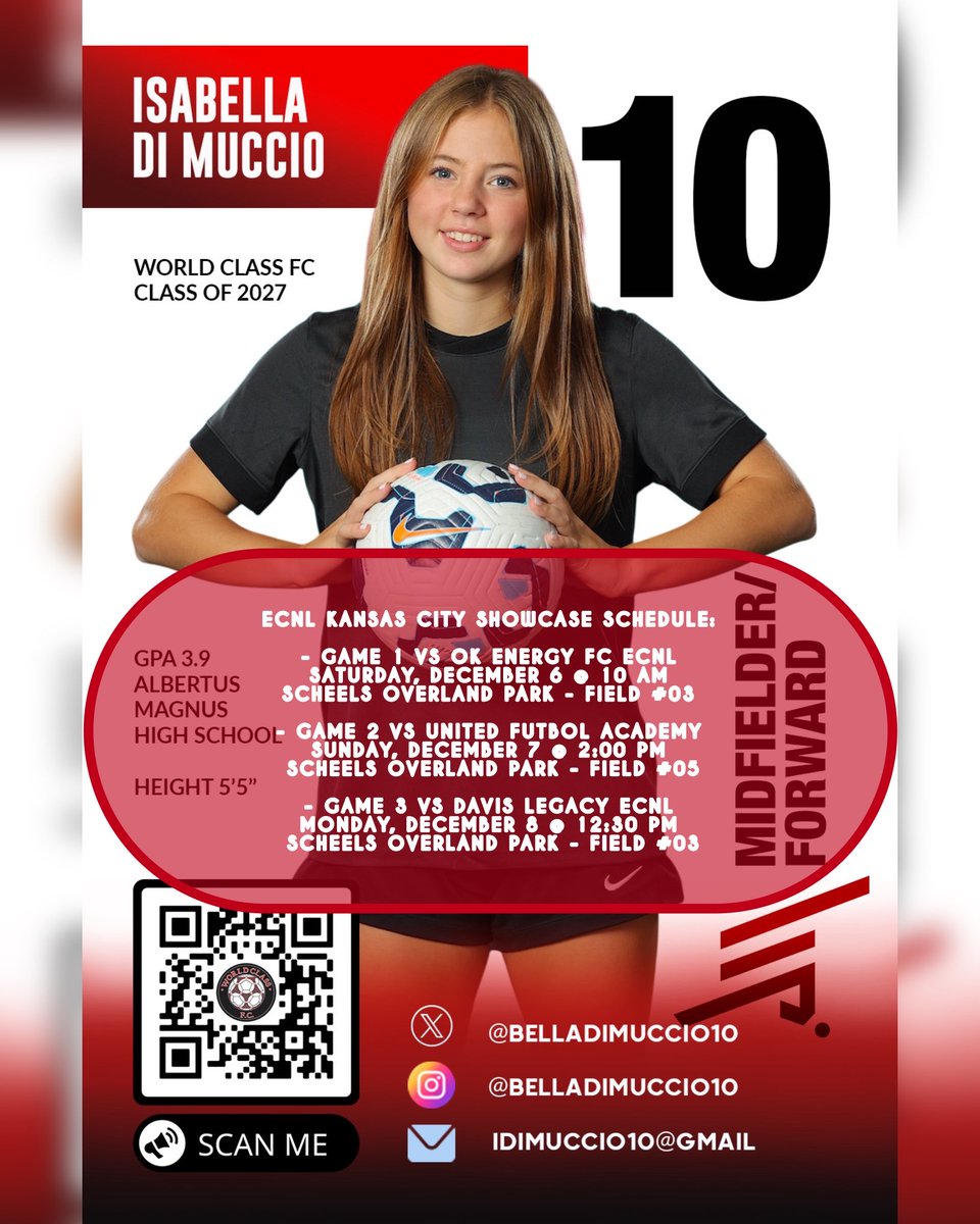 So excited to be heading to the #ECNLKC Showcase this weekend!! Can’t wait to get back on the field with my team <a href="/WCFC09ECNLGIRLS/">World Class Girls ECNL 2009</a> and compete against some amazing clubs. College coaches, I’d love to see you on the sidelines!

My Game Schedule:
📍 Scheels Overland Park

Game 1 –
