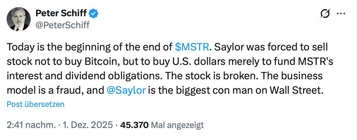 🚨 PETER SCHIFF ATTACKS SAYLOR – MSTR “BEGINNING OF THE END”?

The Gold Maxi just dropped one of his most brutal statements in years:

“Today is the beginning of the end of $MSTR…  
The stock is broken. The business model is a fraud, and Saylor is the biggest con man on Wall