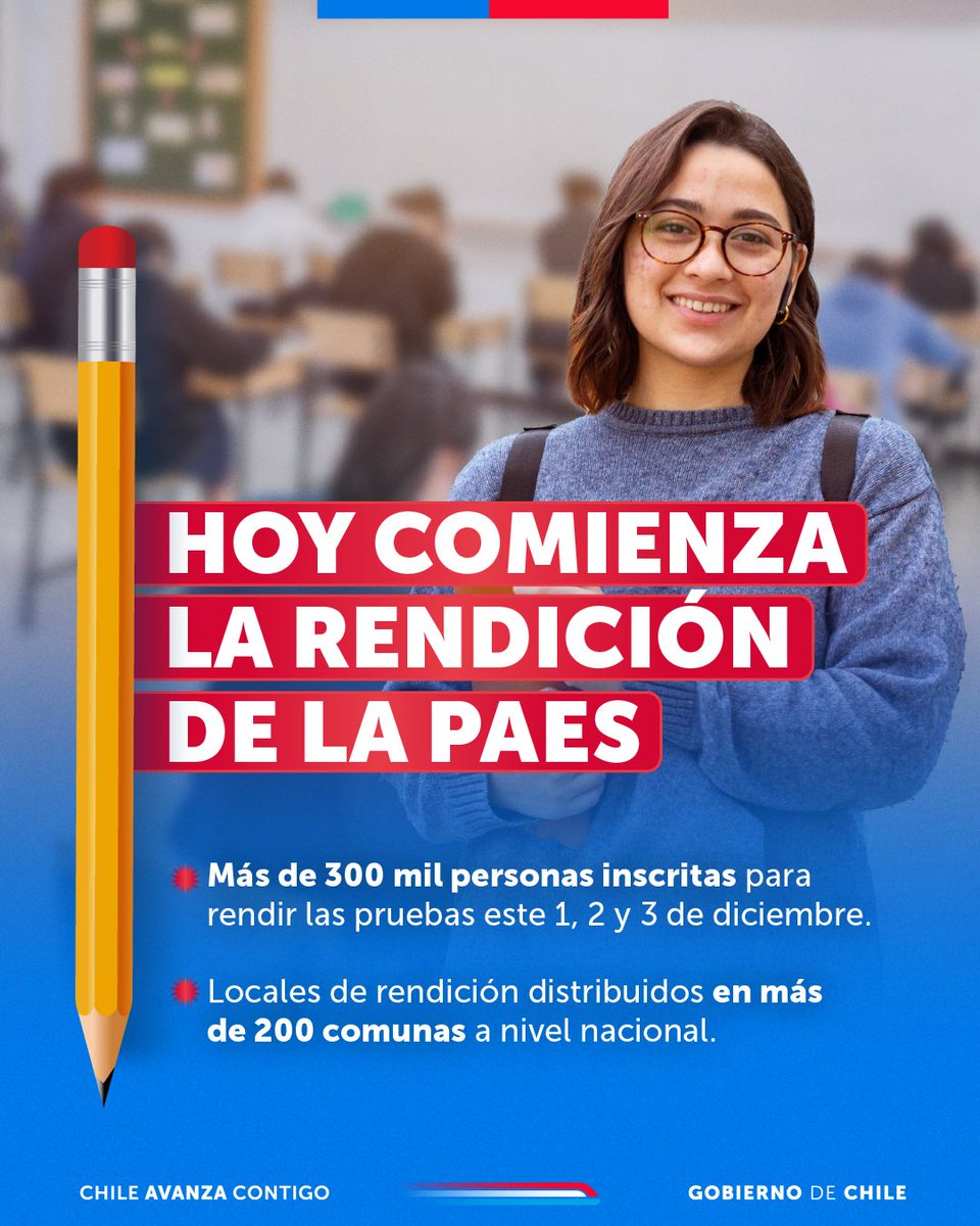 📝 Hoy comienza la rendición en más de 200 comunas de todo el país de la Prueba de Acceso a la Educación Superior (PAES) en su edición Regular 2025.

Puedes revisar toda la información relevante sobre el examen en demre.cl y acceso.mineduc.cl 📲