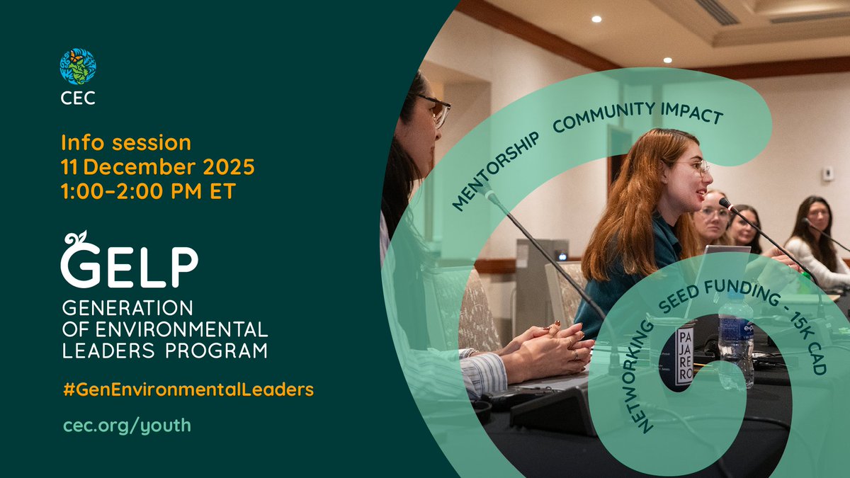 CECweb's tweet image. 🌱⏳Join the #GELP Info session!

Find out how to submit your solution &amp;amp; preserve North America’s 💧 Waters, 🌎 Lands &amp;amp; ☁️ Air:
📌 11 Dec. 2025
⏲️1-2 PM ET

Share your questions with us in advance at youth@cec.org
👉cec.org/events/info-se…