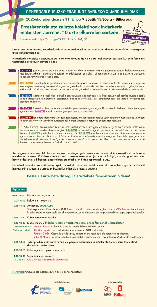 🟣 GENERO JARDUNALDIAK 2025 🟣

«Erresistentzia eta zaintza kolektiboak indarkeria matxisten aurrean. 10 urte elkarrekin sortzen»

🗓️ Abenduak 11 osteguna
🕤 09:30-15:30
📍 Bilborock (Bilbo)

✍🏽ℹ️ Informazioa eta izen-ematea hemen 📲 ongdeuskadi.org/eu/genero-jard…