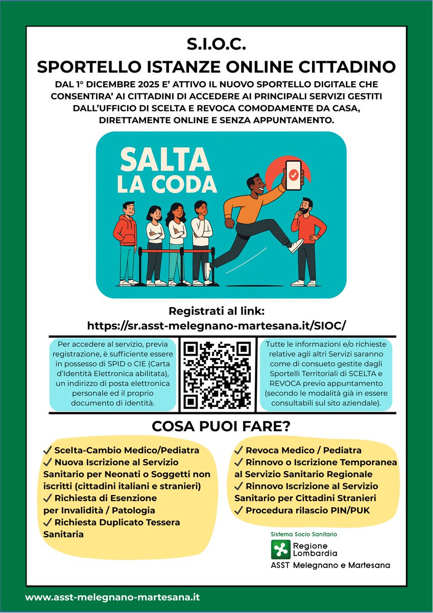 ASSTMelegnano's tweet photo. 🚀 Dal 1° dicembre 2025 è attivo il nuovo Sportello Istanze Online Cittadino (S.I.O.C.)! ✨ SALTA LA CODA e gestisci i tuoi servizi sanitari direttamente da casa, senza appuntamento.
🔑 Accesso semplice con SPID o CIE. 👉 Registrati subito: https://t.co/wGEXWGkccE https://t.co/pEWopHez8y