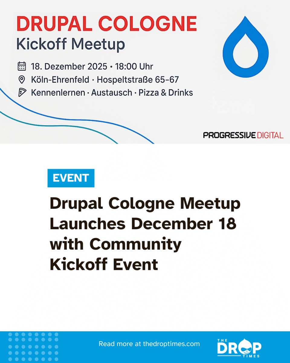 thedroptimes's tweet image. Drupal Cologne Meetup launches Dec 18 in Ehrenfeld!

Community kickoff with food, convo, and planning future meetups.
🔗 bit.ly/4rwe7OC 

#Drupal #Cologne #DrupalMeetup #OpenSourceCommunity