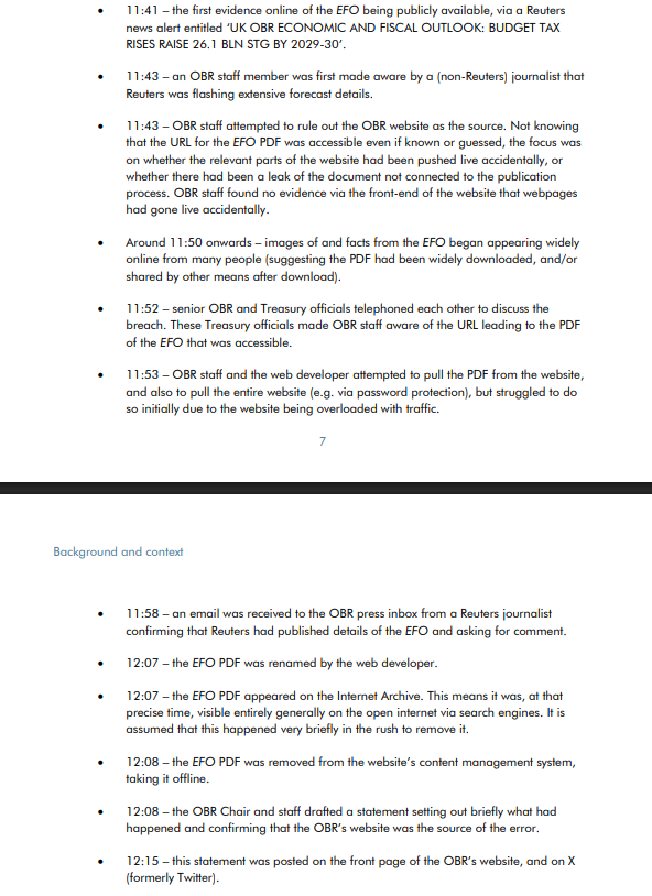 PolitlcsUK's tweet image. 🚨 BREAKING: The OBR has published its investigation on the early Budget leak

- The PDF was live on the OBR site from 11:30am - an hour before Rachel Reeves delivered the Budget 

- The PDF was reachable by taking the Spring Statement PDF URL and swapping &quot;March&quot; for &quot;November&quot;