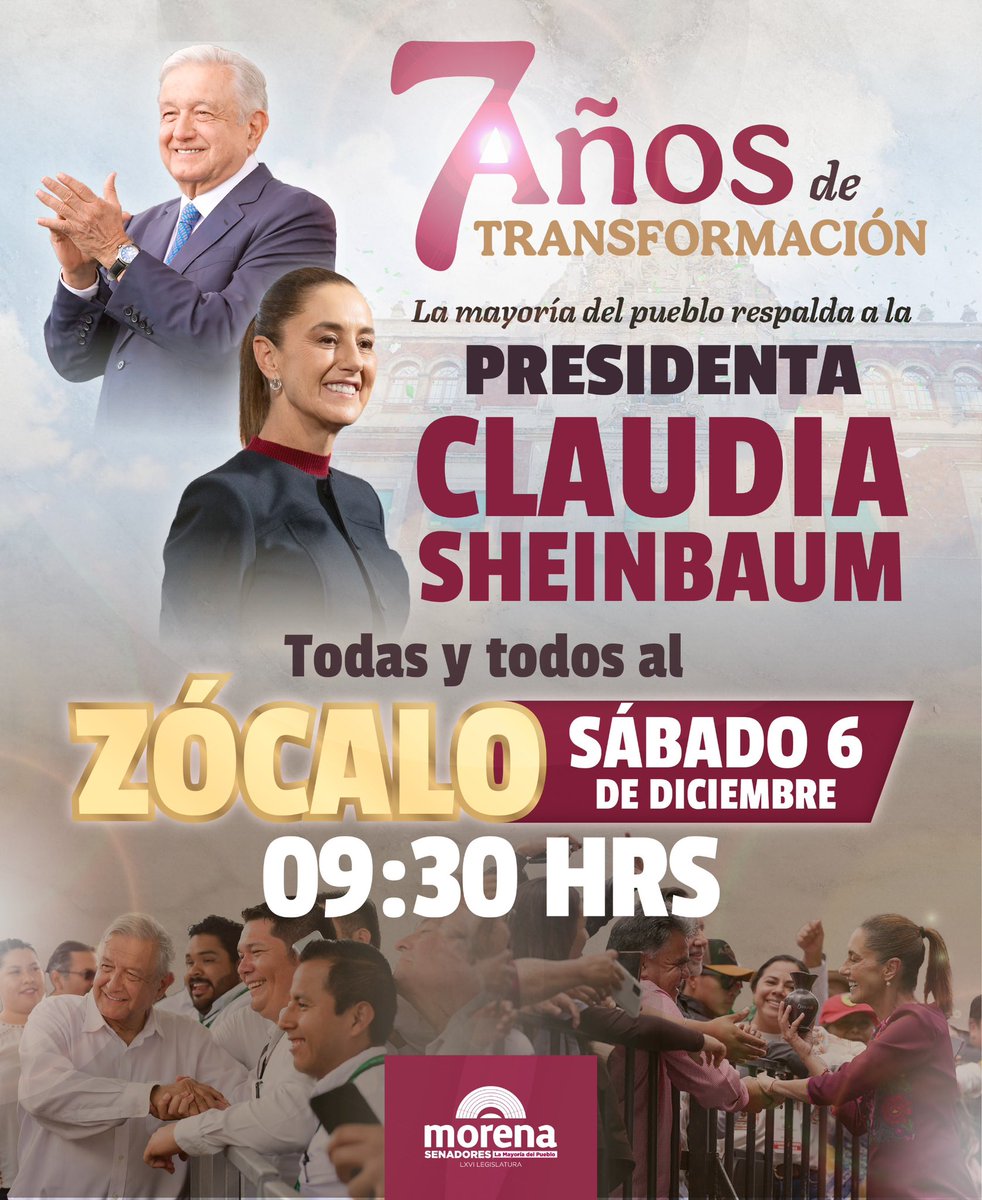 Hace 7 años triunfó la revolución de las conciencias de la mano de nuestro querido presidente López Obrador.

Este 6 de diciembre nos reuniremos de nuevo en el Zócalo para festejar junto a nuestra presidenta <a href="/Claudiashein/">Claudia Sheinbaum Pardo</a>, los resultados y la consolidación de la transformación.
