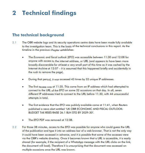 PolitlcsUK's tweet image. 🚨 BREAKING: The OBR has published its investigation on the early Budget leak

- The PDF was live on the OBR site from 11:30am - an hour before Rachel Reeves delivered the Budget 

- The PDF was reachable by taking the Spring Statement PDF URL and swapping &quot;March&quot; for &quot;November&quot;