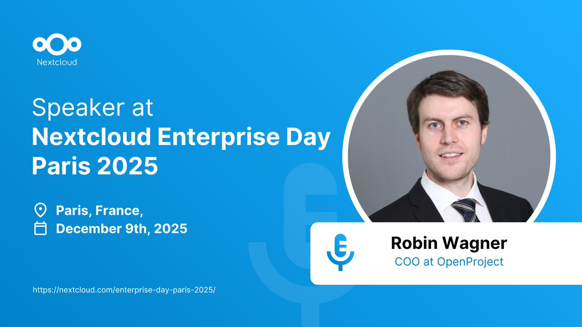 openproject's tweet image. Paris, we’re coming! 🇫🇷

Dec 9: #NextcloudEnterpriseDay - Robin Wagner speaks at 13:45 CET on open source alternatives to Atlassian.

Dec 10–11: Open Source Experience #OSXP at Cité des Sciences.

Let’s talk open, flexible, and user-controlled collaboration.