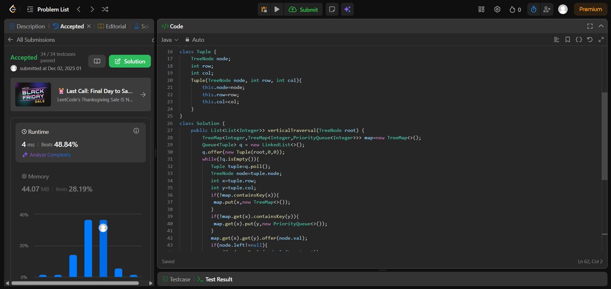 zimalkumud97's tweet image. 🚀 Day 1 - Question 2
Solved  Vertical Order Traversal of Binary Tree today!
Used TreeMap + BFS + PriorityQueue to keep columns, rows &amp;amp; values sorted perfectly.
Time Complexity: O(N log N)
Space Complexity: O(N)
#LeetCode #DSA #100DaysOfCode #Java #BinaryTree