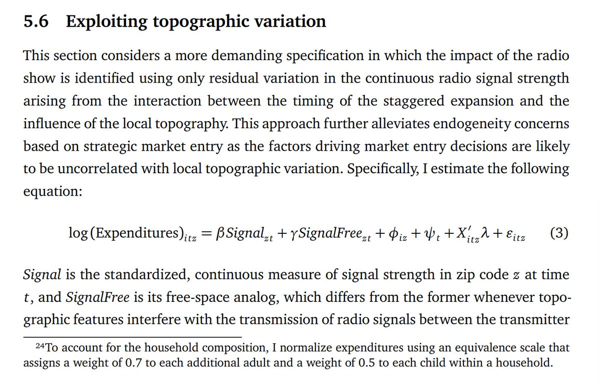captgouda24's tweet image. Alright, how about another robustness check -- we&apos;ll use geographic variation and how it affects signal strength. You may remember this instrument from Yanigazawa-Drott&apos;s paper on the Rwandan Genocide.