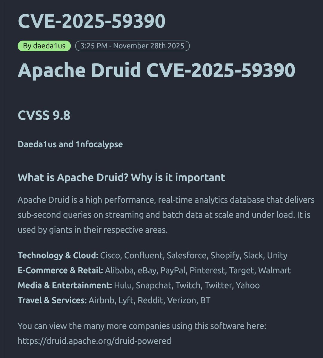 UjlakiMarci's tweet image. A great writeup about a PRNG related #critical #Apache Druid vulnerability, by @Daeda1us_ 

🟥 CVE-2025-59390, CVSS: 9.8

Critical vulnerability in Kerberos authenticator due to weak fallback secret.

Attackers may predict or brute force the secret, leading to token forgery or…