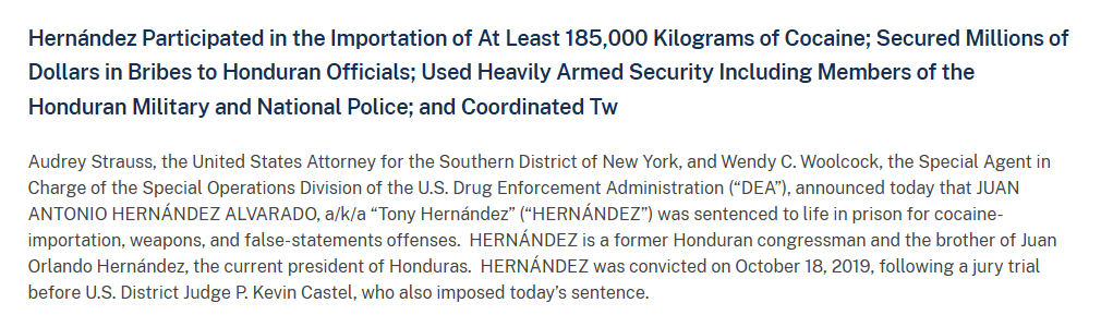 ReichlinMelnick's tweet image. This is NONSENSE. It was the TRUMP admin which did most of the heavy lifting against Juan Orlando Hernandez! His brother Tony was convicted in October 2019 (later sentenced to life in prison) and another key associate was indicted in 2020.

Leavitt is just not telling the truth.